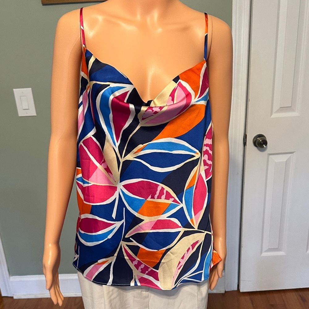 nine britton Navy Multicolor Leaf-Print Cowl Neck Camisole